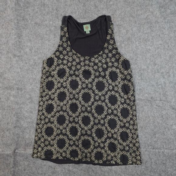 Anthropologie Top Womens Small Tank HRW Monogram Embroidered Scoop Neck Black - Picture 1 of 9